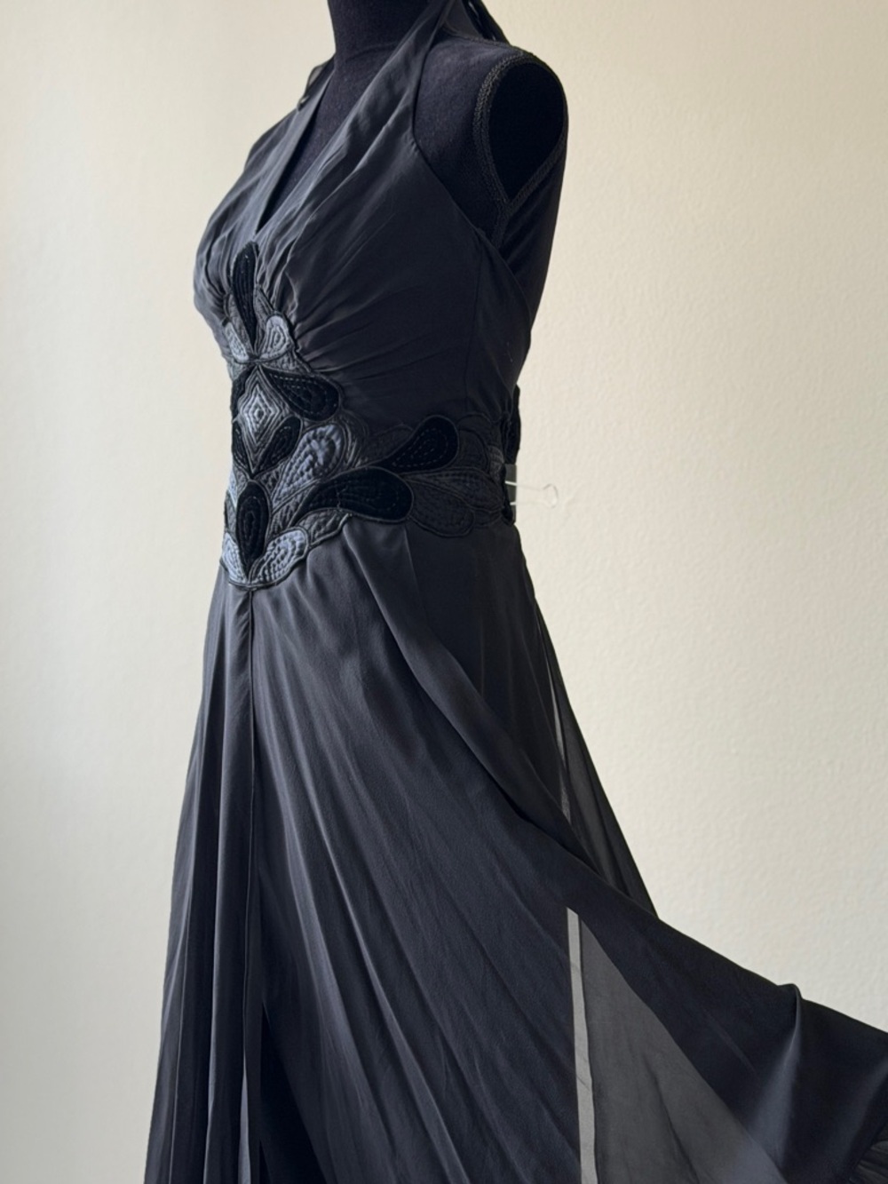 BCBGMaxAzria Black Sleeveless Chiffon Maxi Dress with Embroidered Waist